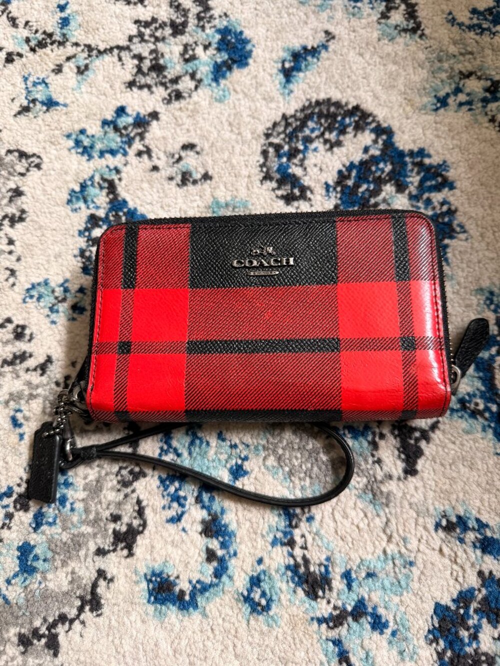 Coach Buffalo Plaid Double Zip Wallet Wristlet Red Black Leather EUC